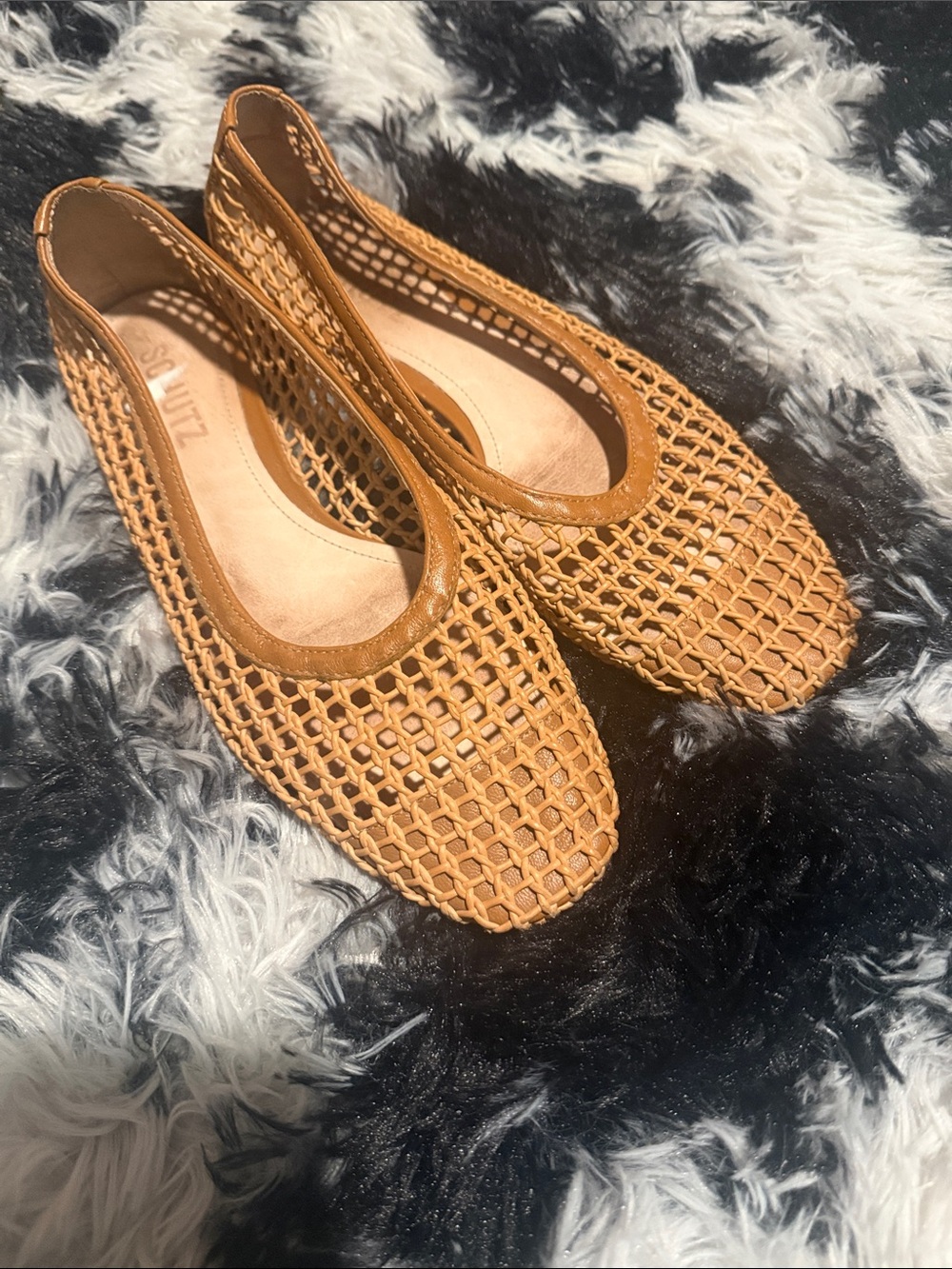 SCHUTZ Woven Cognac Leather Ballet Flats
